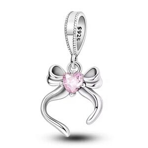 New Bow W/Pink Heart Gemstone Charm